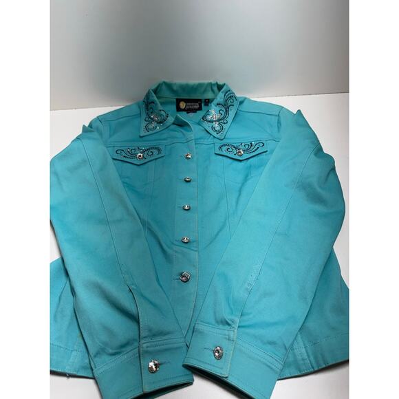 Christine Alexander Jacket Blazer Women’s M Teal Rhinestone Embellished Bling - Picture 11 of 12
